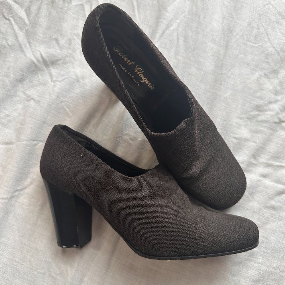 Vtg 90s Robert Clergerie Paris Black Textured Fabric Sock Block Heels 8